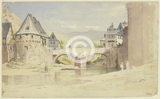 The vanished stone bridge of 1556 over the Wisper in Lorch in the Rheingau, 1853. Creator: Carl Morgenstern.