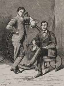 The velocipedists Emmanuel de Graffenried and Albert Laumaillé, (1848-1901)..., 1878. Creator: Enrique Alba