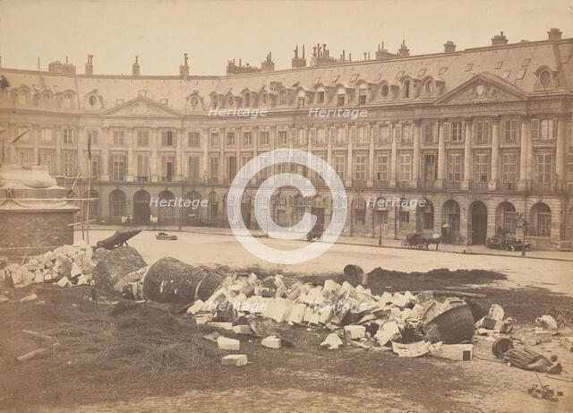 [The Vendôme Column After Being Torn Down by the Communards], 1871. Creator: Hippolyte-Auguste Collard.