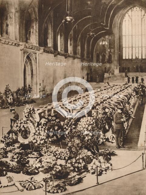 The victims of the R101 airship disaster lying in state in Westminster Hall, London, 1930 (1935). Artist: Unknown.