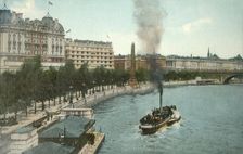 The Victoria Embankment, and steamship on the River Thames, London, c1907. Creator: Unknown