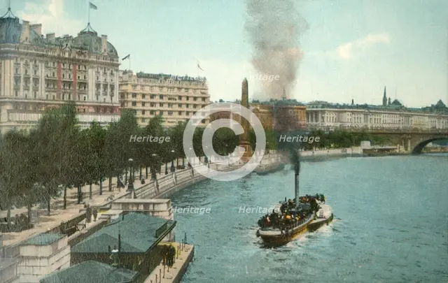 The Victoria Embankment, and steamship on the River Thames, London, c1907.  Creator: Unknown.