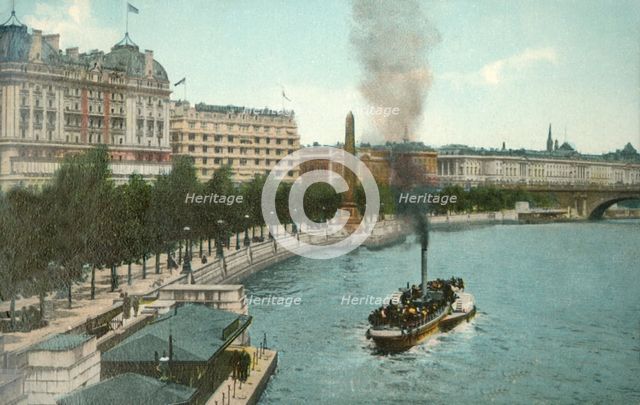 The Victoria Embankment, and steamship on the River Thames, London, c1907.  Creator: Unknown.