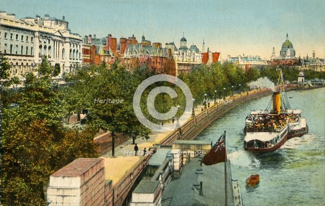 The Victoria Embankment, and steamship on the River Thames, London, c1910.  Creator: Unknown.