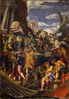 The Victory of Venetian Fleet over the fleets of the Republic of Genoa at Acre in 1258, 1585-1590. Creator: Montemezzano, Francesco (ca. 1540-1600/02)