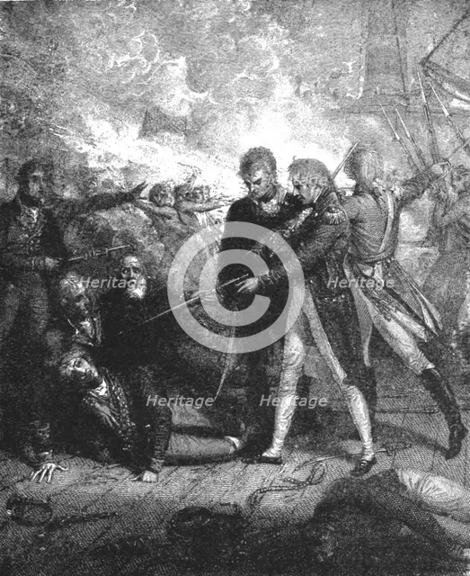 ''The Victory off Cape St. Vincent, February 14, 1797, Nelson Carrying the "San Josef"..., 1891. Creator: Richard Westall.