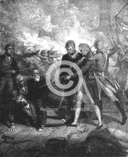 ''The Victory off Cape St. Vincent, February 14, 1797, Nelson Carrying the "San Josef"..., 1891. Creator: Richard Westall.