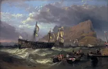 The Victory towed into Gibraltar 1854. Artist: Clarkson Stanfield