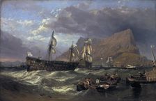 The Victory towed into Gibraltar 1854. Artist: Clarkson Stanfield