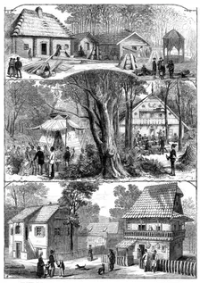 The Vienna Exhibition: 1. Styrian Alpine Hut. 2. Indian Wigwam. 3. Styrian Winehouse..., 1873. Creator: Unknown