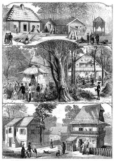 The Vienna Exhibition: 1. Styrian Alpine Hut. 2. Indian Wigwam. 3. Styrian Winehouse..., 1873. Creator: Unknown