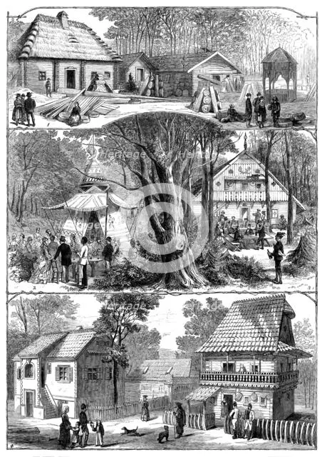 The Vienna Exhibition: 1. Styrian Alpine Hut. 2. Indian Wigwam. 3. Styrian Winehouse..., 1873. Creator: Unknown.