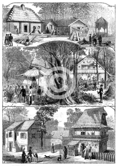 The Vienna Exhibition: 1. Styrian Alpine Hut. 2. Indian Wigwam. 3. Styrian Winehouse..., 1873. Creator: Unknown.