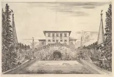 The villa at center flanked by four obelisks, a staircase to either side, a statue in ..., ca. 1653. Creator: Stefano della Bella