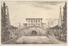 The villa at center flanked by four obelisks, a staircase to either side, a statue in ..., ca. 1653. Creator: Stefano della Bella