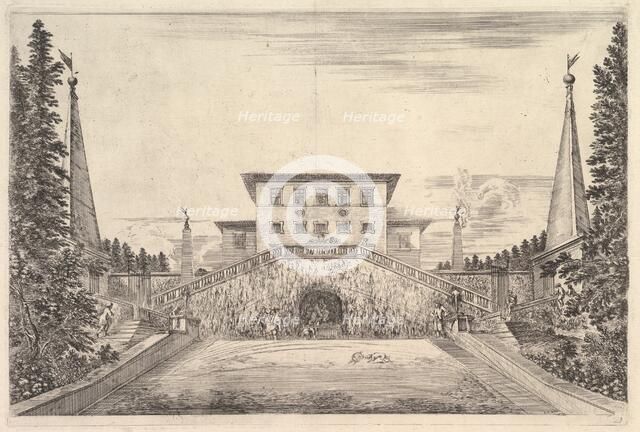 The villa at center flanked by four obelisks, a staircase to either side, a statue in ..., ca. 1653. Creator: Stefano della Bella.