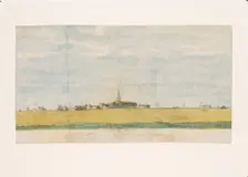 The village of Over-Diemen near Amsterdam on the Zuiderzee, view from land, 1764-1771. Creator: Jan Brandes