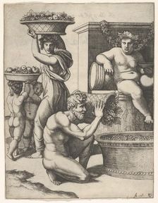 The Vintage; a man pouring grapes from a basket into a vat, above Bacchus sitting, ..., ca. 1517-20. Creator: Marcantonio Raimondi
