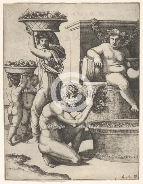 The Vintage; a man pouring grapes from a basket into a vat, above Bacchus sitting, ..., ca. 1517-20. Creator: Marcantonio Raimondi.