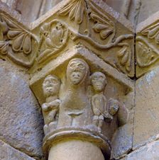 The Visitation capital of the front of the church of San Juan de Montañana (Huesca)