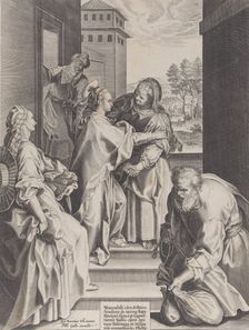The Visitation, the Virgin and Saint Elizabeth embracing in the center, flanked by other f..., 1589. Creator: Unknown