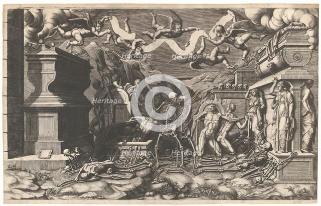 The Vision of Ezekiel; a group of corpses and skeletons emerging out of tombs, above them ..., 1554. Creator: Giorgio Ghisi.