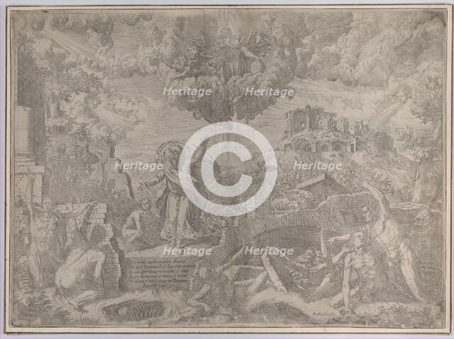The vision of Ezekiel, with the dead rising and putting on their flesh, God the Father abo..., 1579. Creator: Giovanni Battista Fontana.