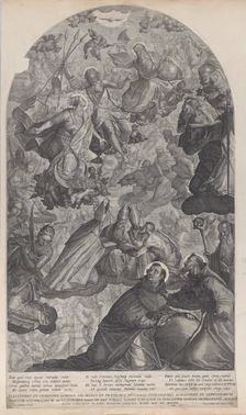 The vision of Saint Dominic, with God the Father and Christ at top center, the Virgin stan..., 1607. Creator: Raphael Sadeler II