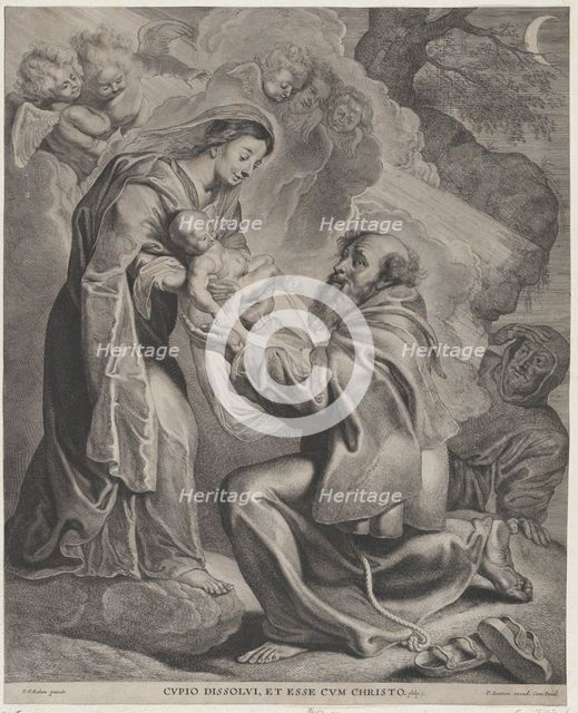 The Vision of Saint Francis, kneeling at right, receiving the Christ child from the Virgin..., 1650. Creator: Cornelis de Visscher.