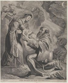 The Vision of Saint Francis, kneeling at right, receiving the Christ child from the Virgin..., 1650. Creator: Cornelis de Visscher