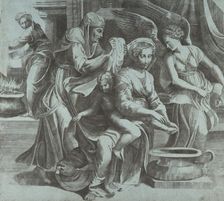 The Virgin washing the Christ Child accompanied by figures and an angel at right, ..., ca. 1550-60. Creator: Giulio Bonasone