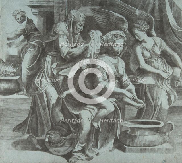 The Virgin washing the Christ Child accompanied by figures and an angel at right, ..., ca. 1550-60. Creator: Giulio Bonasone.