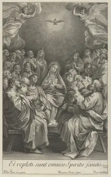 The Virgin with apostles looking up towards the Holy Dove and two angels, after Reni, 1700-50. Creator: Giovanni Girolamo Frezza