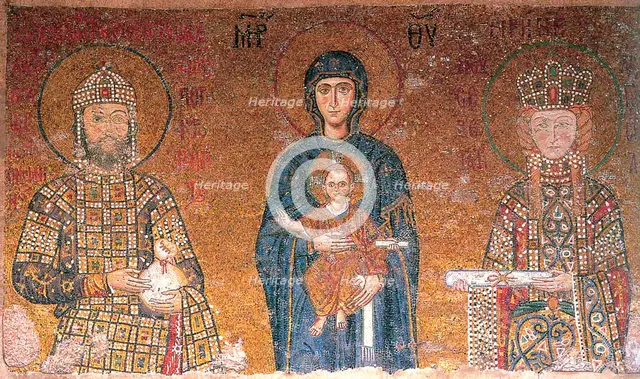 The Virgin with Child between emperor John II Comnenus and his wife, Irene, c1118.  Creator: Byzantine Master.