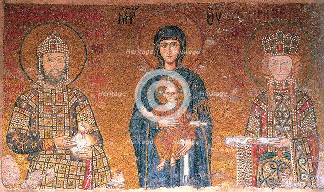 The Virgin with Child between emperor John II Comnenus and his wife, Irene, c1118.  Creator: Byzantine Master.
