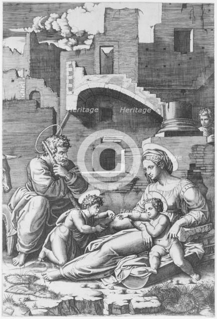 The 'Virgin with the long thigh' sitting with the Christ Child, St John the Baptist..., ca. 1518-19. Creator: Marcantonio Raimondi.