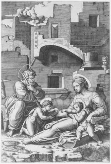 The Virgin with the long thigh sitting with the Christ Child, St John the Baptist..., ca. 1518-19. Creator: Marcantonio Raimondi