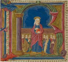 The Virgin Adored by Saints in a Historiated Initial "R" from an Antiphonary, 15th century. Creator: Unknown