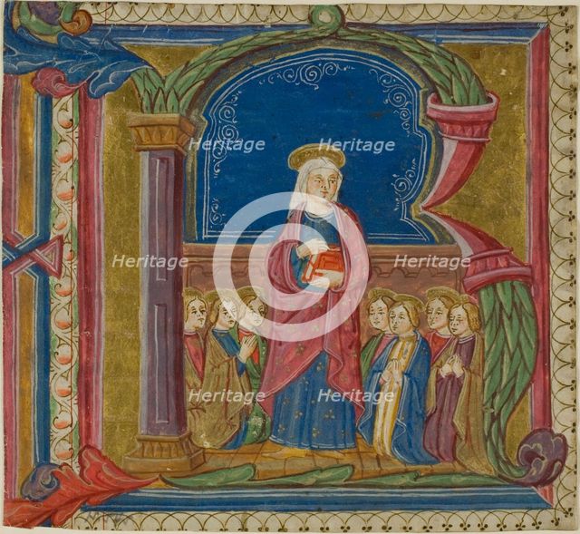 The Virgin Adored by Saints in a Historiated Initial "R" from an Antiphonary, 15th century. Creator: Unknown.