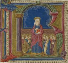 The Virgin Adored by Saints in a Historiated Initial "R" from an Antiphonary, 15th century. Creator: Unknown