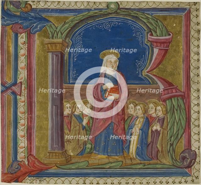 The Virgin Adored by Saints in a Historiated Initial "R" from an Antiphonary, 15th century. Creator: Unknown.