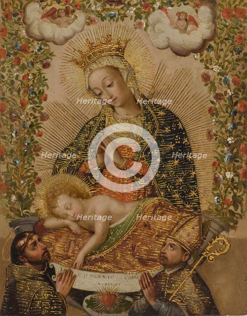 The Virgin Adoring the Christ Child with Two Saints, 18th century. Creator: Anon.