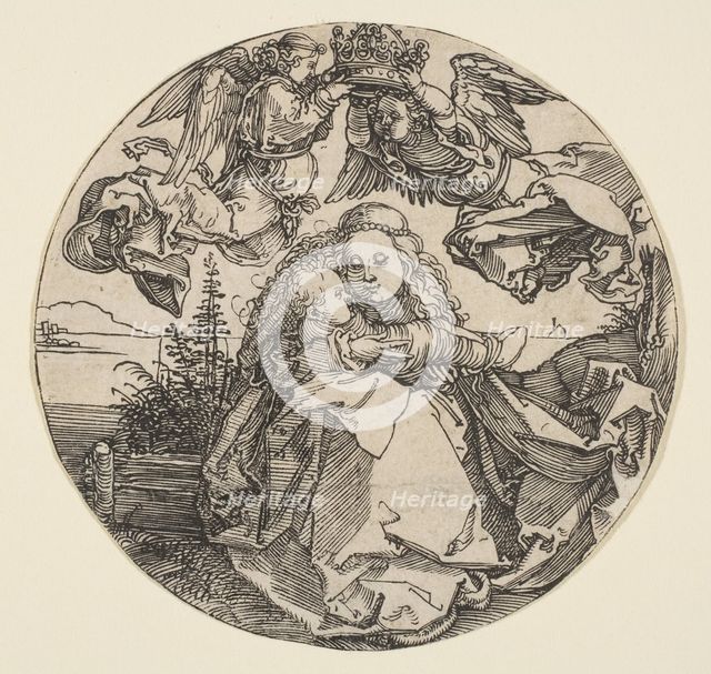 The Virgin and Child Crowned by Two Angels above a Landscape (landscape trimmed out), ca. 1504. Creator: Albrecht Durer.