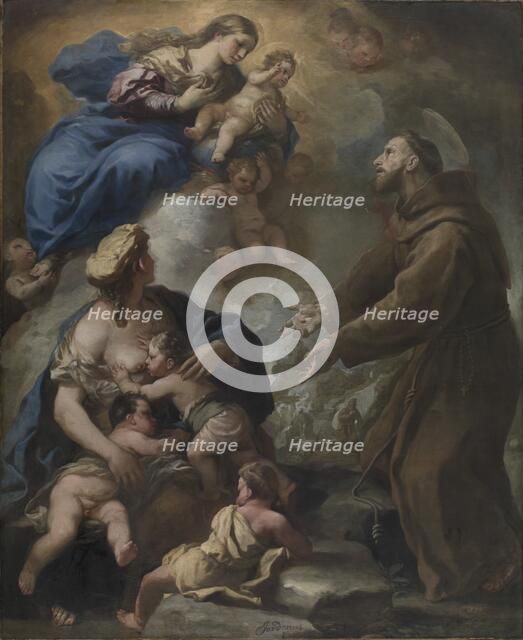 The Virgin and Child Appearing to Saint Francis of Assisi, 1680s. Creator: Luca Giordano (Italian, 1634-1705).