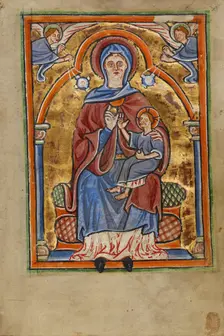 The Virgin and Child Enthroned; Illustrated Vita Christi, with devotional..., about 1190-1200. Creator: Unknown