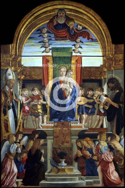 The Virgin and Child Enthroned with God the Father and Saints Hilarius and John the Baptist, 1499. Artist: Caselli, Cristoforo (ca 1460-1521)