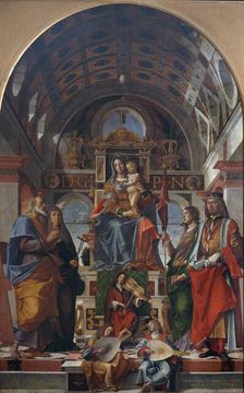 The Virgin and Child enthroned with saints and angels making music, 1499. Creator: Montagna, Bartolomeo (1449-1523)