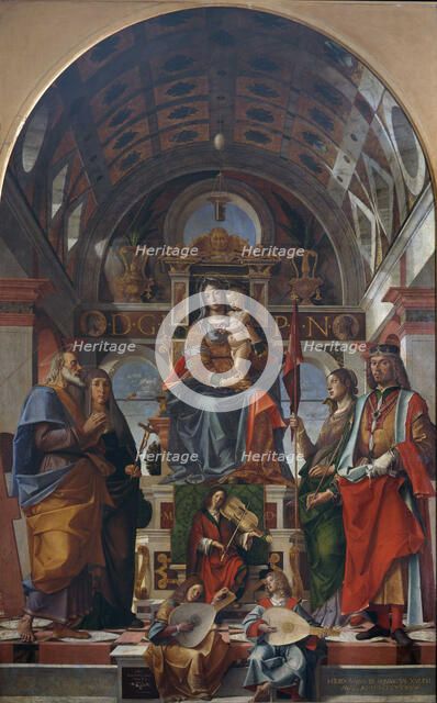 The Virgin and Child enthroned with saints and angels making music, 1499. Creator: Montagna, Bartolomeo (1449-1523).