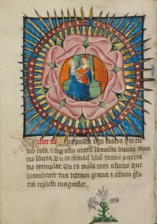 The Virgin and Child in a Pink Rose with a White Lily; Illustrated Vita Christi..., about 1480-1490. Creator: Unknown