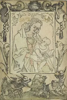 The Virgin and Child surrounded by a border with a hunter and some rabbits, 16th century. Artist: Sebald Beham